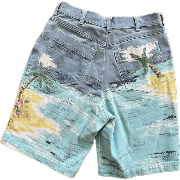 Vintage Together Printed Denim Bermuda Shorts 8 High-Waisted Palm Beach Tropical - Picture 3 of 3